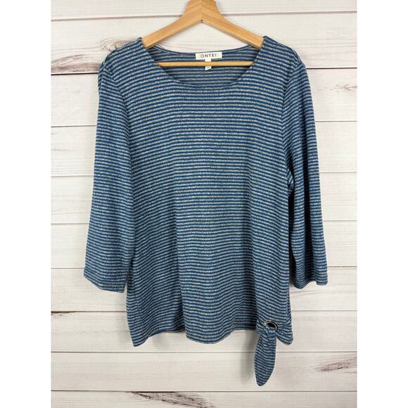 Women's ONYX Moda Blue Gray Striped Quarter Sleeve Tie Knot Blouse Size XL - Picture 1 of 7